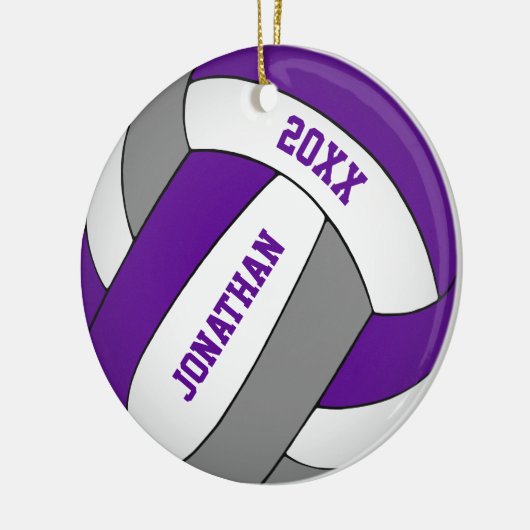 paars grijs sportteam vertolkt volleybal jongens keramisch ornament (Links)
