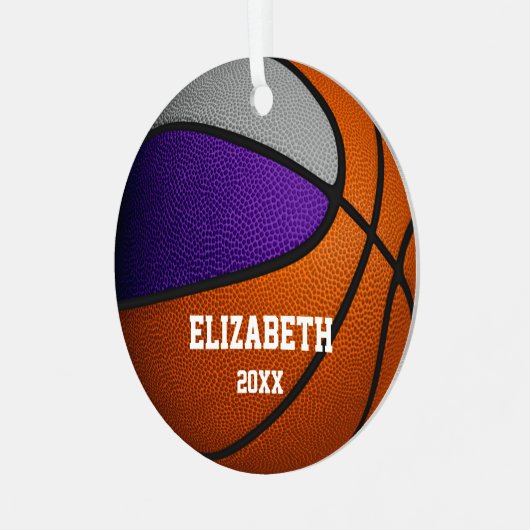 paars grijs team kleuren jongens basketbal metalen ornament (Voorkant links)