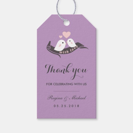 Paars Grijze Tortelduifjes Weddenschap Gift Label Cadeaulabel (Voorkant)