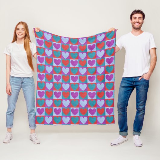Paars Groen en Rood Geruit Hartpatroon Fleece Deken (In situ)