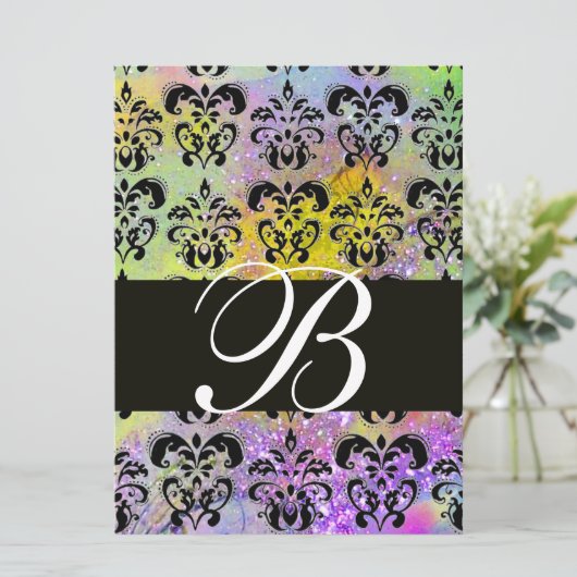 PAARS GROEN GEEL ZWART DAMAST MONOGRAM , wit Kaart (Staand voorkant)