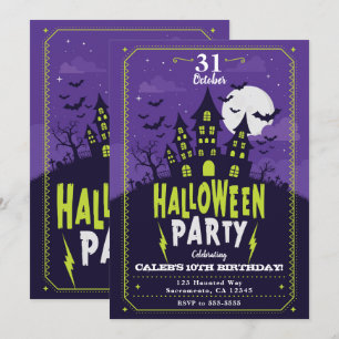 Paars & Groen Geestenhuis Halloween-feest Kaart