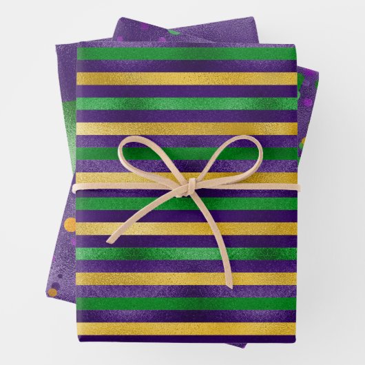 PAARS GROEN GOLD MARDI GRAS STRIPES POLKA DOTS INPAKPAPIER VEL (In situ)