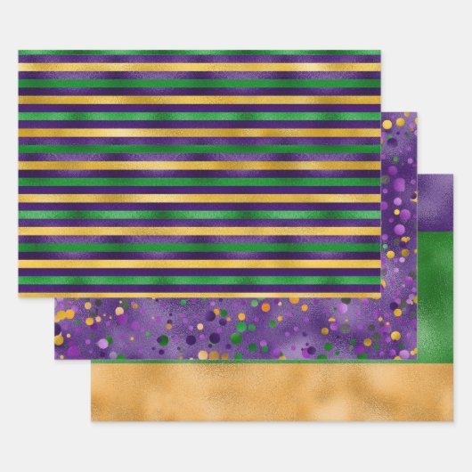 PAARS GROEN GOLD MARDI GRAS STRIPES POLKA DOTS INPAKPAPIER VEL (Set)