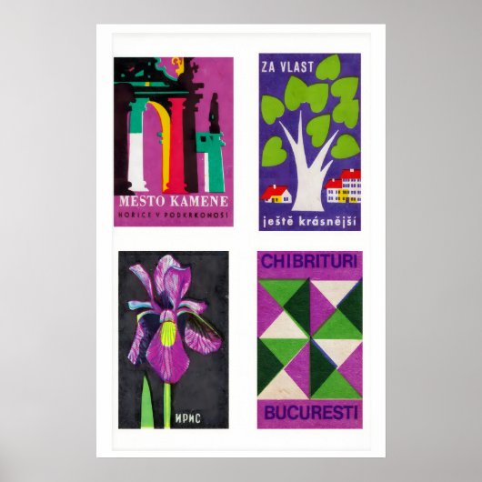 Paars & Groen Matchbox Labels Grid Print, Vintage Poster (Voorkant)