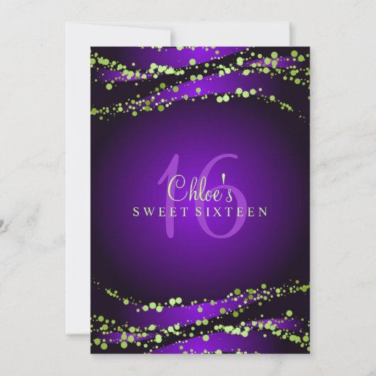 Paars & Groen Stardust | Sweet 16 Uitnodiging (Voorkant)