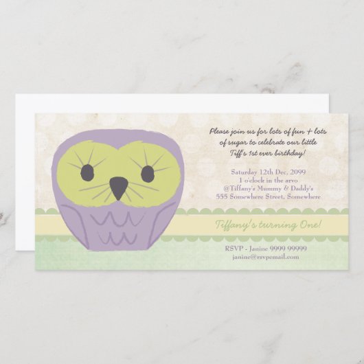 Paars & Groen Uil 1e Verjaardagsfeest Uitnodiging (Voorkant / Achterkant)