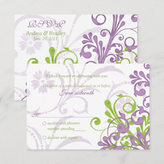 Paars Groen Wit Abstract Bloem Bruiloft rsvp (Voorkant / Achterkant)