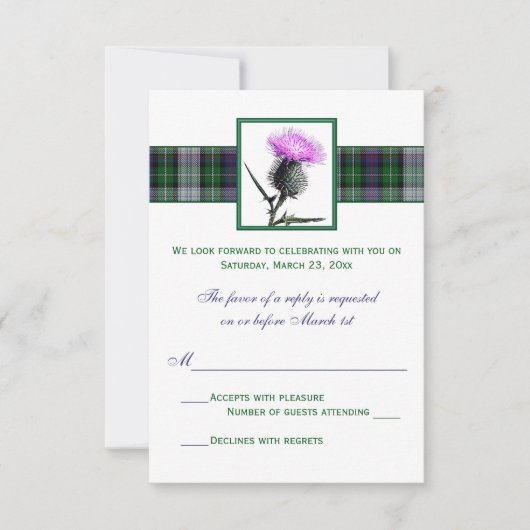 Paars Groene Tartan Distel Bruiloft RSVP Kaart (Voorkant)