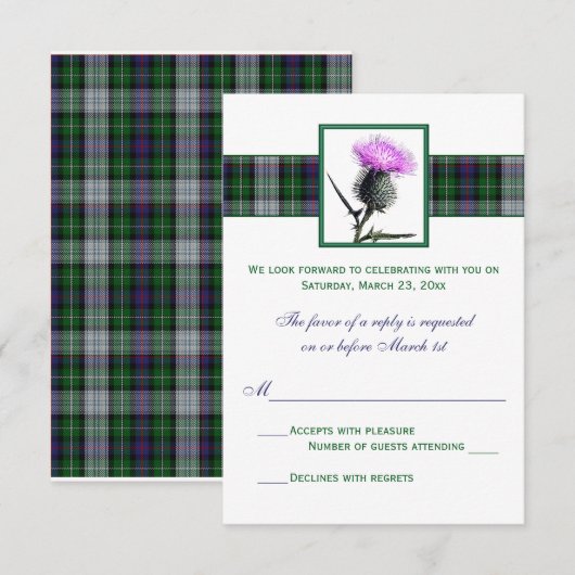 Paars Groene Tartan Distel Bruiloft RSVP Kaart (Voorkant / Achterkant)