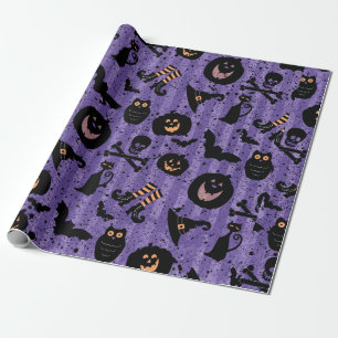 Paars Halloween Bat Pumpkin Witch Pet Owl Paper Cadeaupapier