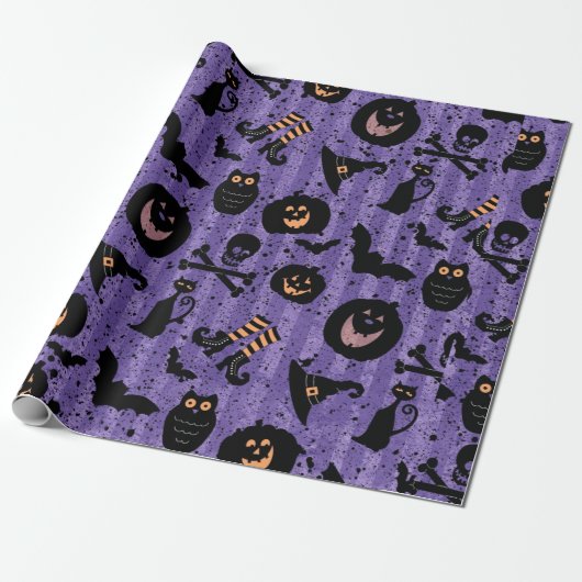 Paars Halloween Bat Pumpkin Witch Pet Owl Paper Cadeaupapier (Uitgerold)