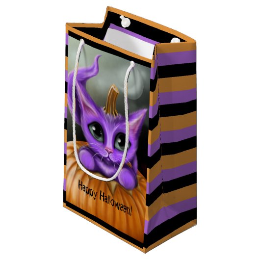 Paars Halloween Kat gestreept Klein Cadeauzakje (Voorkant Gekanteld)