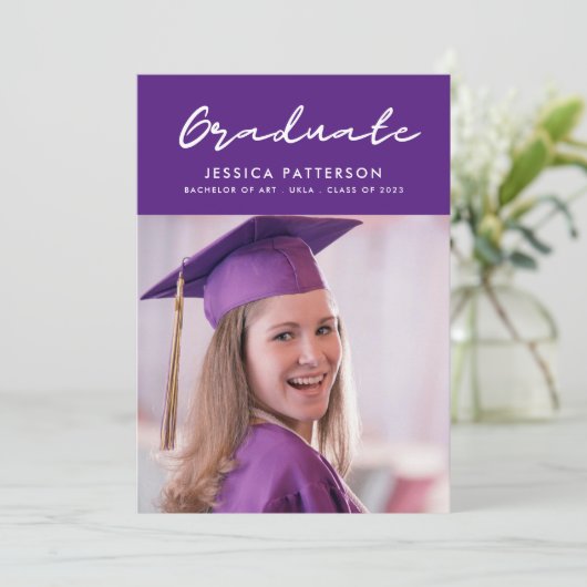 Paars handschrift Afstuderen bewerkbaar Afstuderen Aankondiging (Staand voorkant)