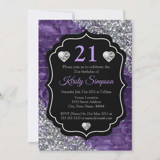 Paars handschrift Mermaid Letters Silver Glitter Kaart (Voorkant)