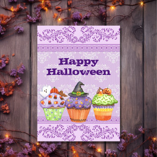 Paars Happy Halloween Cupcakes Holiday Kaart