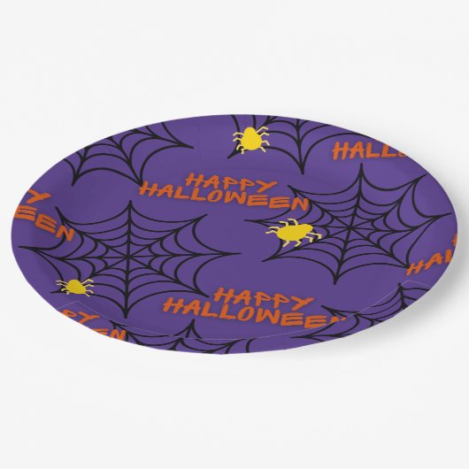 Paars Happy Halloween Spider Web Papieren Bordje (Gekanteld)