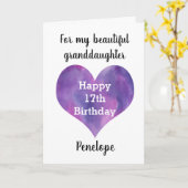 Paars hart 17e verjaardag kleindochter kaart (Gele Bloem)