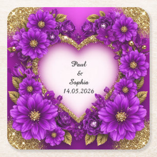 Paars Hart Frame met Glitters en Bloemen Kartonnen Onderzetters