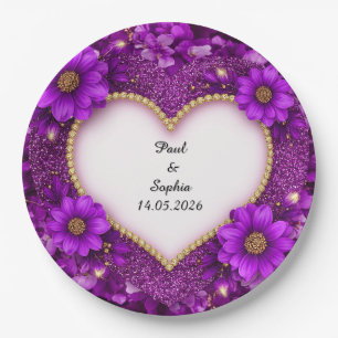 Paars Hart Frame met Glitters en Bloemen Papieren Bordje