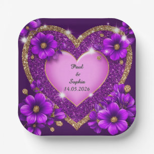 Paars Hart Frame met Glitters en Bloemen Papieren Bordje