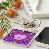 Paars Hart Frame met Glitters en Bloemen Sleutelhanger (Voorkant Rechts)