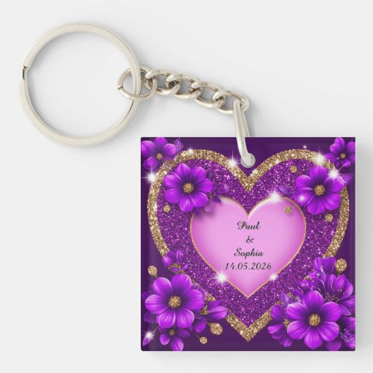 Paars Hart Frame met Glitters en Bloemen Sleutelhanger (voorkant)