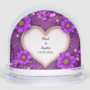 Paars Hart Frame met Glitters en Bloemen Sneeuwbol