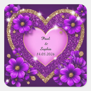 Paars Hart Frame met Glitters en Bloemen Vierkante Sticker
