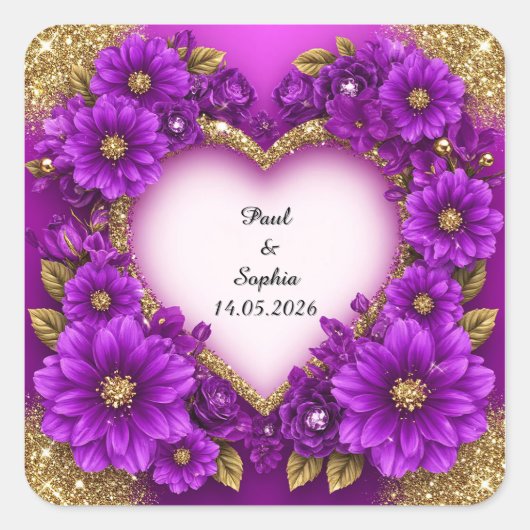 Paars Hart Frame met Glitters en Bloemen Vierkante Sticker (Voorkant)