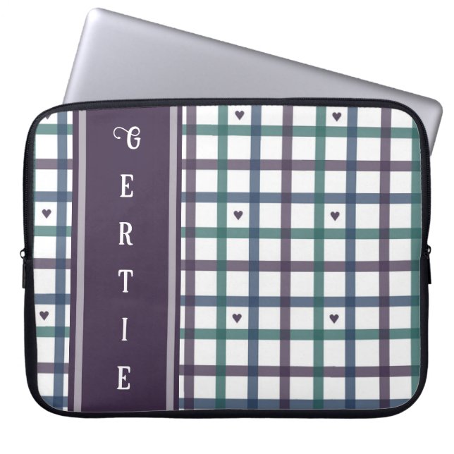 Paars Hart Gingham Laptop Sleeve (Voorkant)
