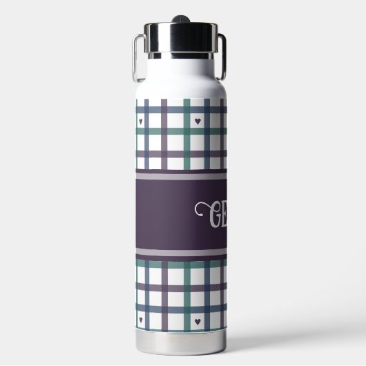 Paars Hart Gingham Waterfles (Voorkant)
