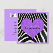 Paars hart met uitnodiging van Zebra Print Party (Voorkant / Achterkant)