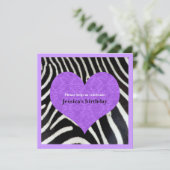 Paars hart met uitnodiging van Zebra Print Party (Staand voorkant)