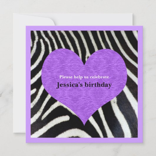 Paars hart met uitnodiging van Zebra Print Party (Voorkant)