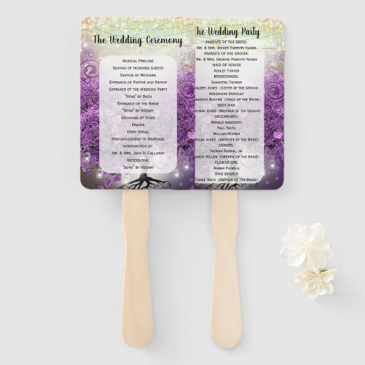 Paars-Heart Leaf Tree Wedding Program Fan Handwaaier (Voorkant en achterkant)