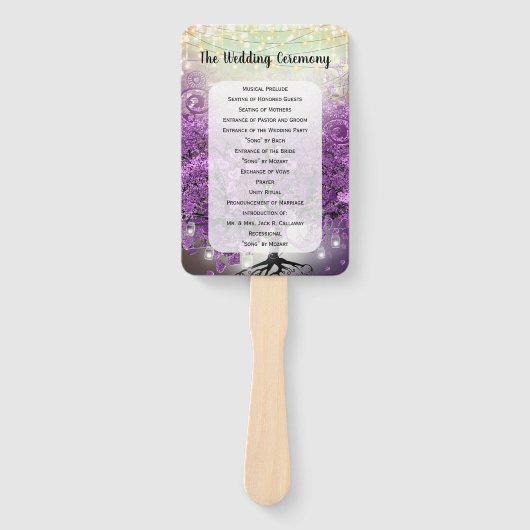 Paars-Heart Leaf Tree Wedding Program Fan Handwaaier (Voorkant)