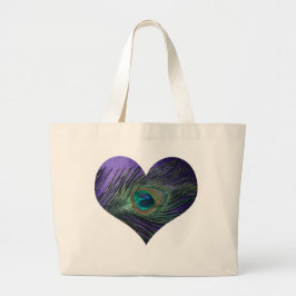 Paars Heart Peacock Feather Grote Tote Bag