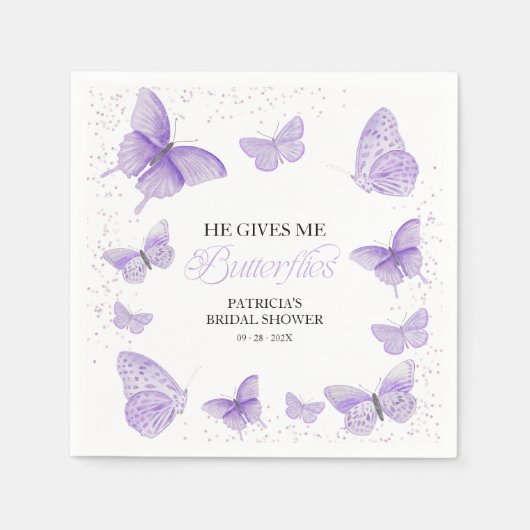 Paars Hij Geeft Me Vlinders Bruidsfeest Servet (Voorkant)
