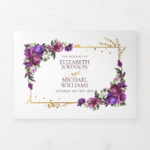 Paars Hot Pink Gold Waterverf Floral Script Drieluik Uitnodiging (Cover)