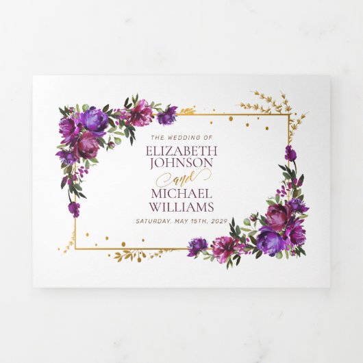 Paars Hot Pink Gold Waterverf Floral Script Drieluik Uitnodiging (Cover)