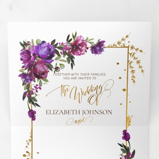 Paars Hot Pink Gold Waterverf Floral Script Drieluik Uitnodiging (Binnenzijde eerst)
