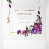 Paars Hot Pink Gold Waterverf Floral Script Drieluik Uitnodiging (Binnenkant midden)