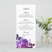 Paars huwelijksmenu Bloemen diner menu Tafel decor (Staand voorkant)