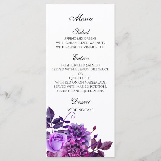 Paars huwelijksmenu Bloemen diner menu Tafel decor (Voorkant)