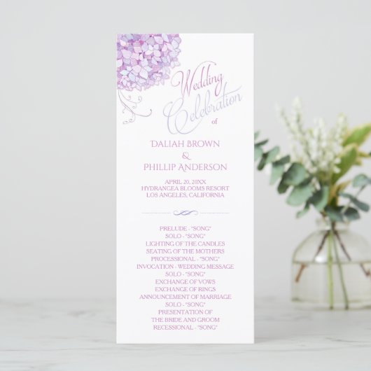 Paars Hydrangea Bouquet Wedding Programme Programmakaart (Staand voorkant)
