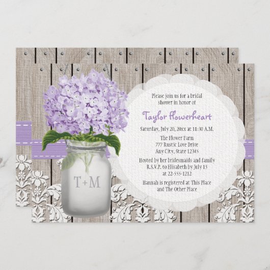 Paars Hydrangea Monogram Mason Jar Vrijgezellenfee Kaart (Voorkant / Achterkant)