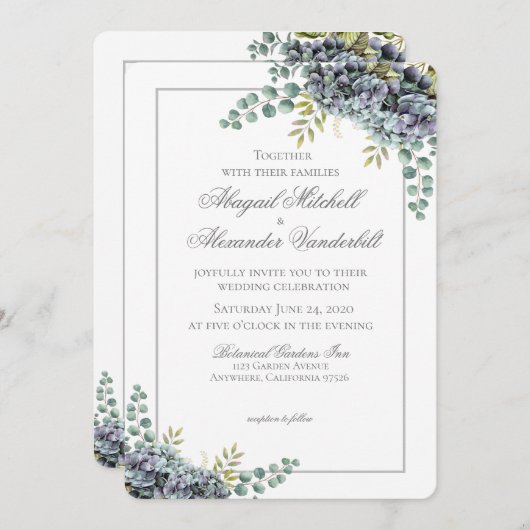 Paars Hydrangeas Eucalyptus bruiloft uitnodiging (Voorkant / Achterkant)
