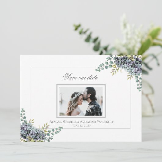 Paars Hydrangeas Eucalyptus foto Opslaan van de da Save The Date (Staand voorkant)