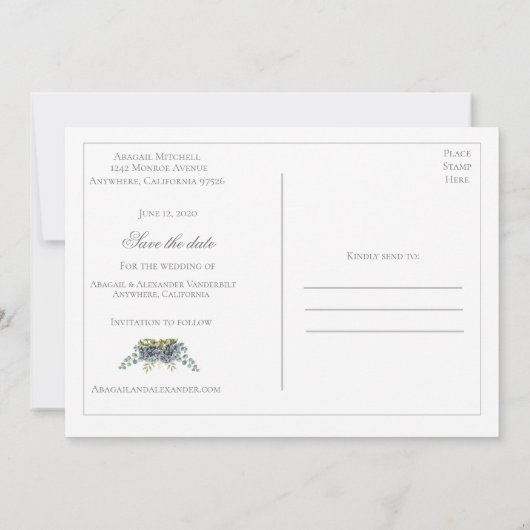 Paars Hydrangeas Eucalyptus foto Opslaan van de da Save The Date (Achterkant)